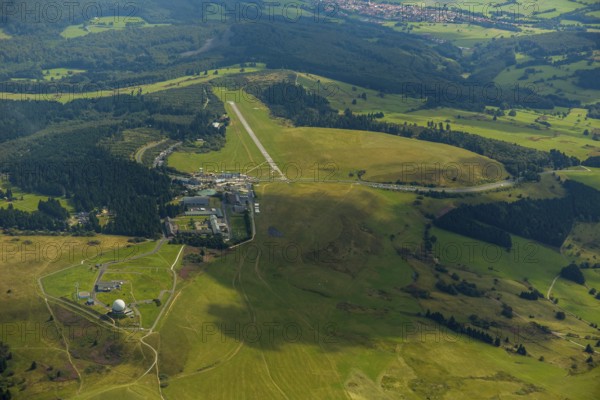 Gliding Centre, German Gliding Museum, Wasserkuppe in the Hessian district of Fulda, Poppenhausen (Wasserkuppe), Taunus, Hesse, Germany, Europe, aerial photo, birds-eyes view, aerial photograph, aerial photography, aerial photography, overview, bird's eye view