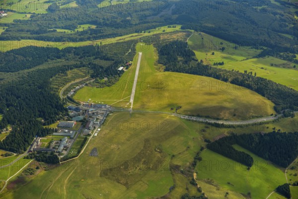 Gliding Centre, German Gliding Museum, Wasserkuppe in the Hessian district of Fulda, Poppenhausen (Wasserkuppe), Taunus, Hesse, Germany, Europe, aerial photo, birds-eyes view, aerial photograph, aerial photography, aerial photography, overview, bird's eye view