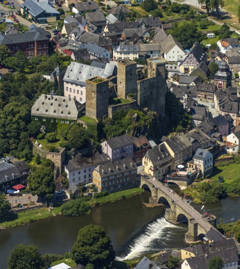 Runkel Castle with Lahn and Lahn bridge, ruins of a medieval hilltop castle in the town of Runkel, Runkel, Lahnkreis, Hesse, Germany, Europe, aerial view, bird's eye view, aerial photography, aerial photography, overview, bird's eye view