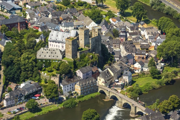 Runkel Castle with Lahn and Lahn bridge, ruins of a medieval hilltop castle in the town of Runkel, Runkel, Lahnkreis, Hesse, Germany, Europe, aerial view, bird's eye view, aerial photography, aerial photography, overview, bird's eye view