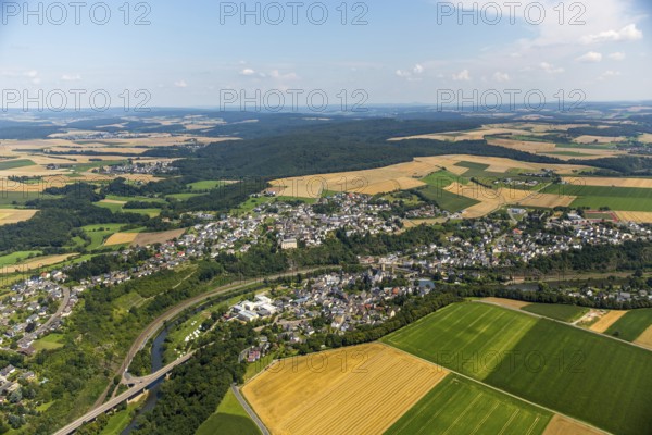 Runkel Castle with Lahn and Lahn bridge, ruins of a medieval hilltop castle in the town of Runkel, Runkel, Lahnkreis, Hesse, Germany, Europe, aerial view, bird's eye view, aerial photography, aerial photography, overview, bird's eye view