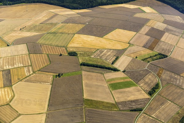 Harvested fields, small fields from inheritance divisions, agriculture, Aarbergen, Hesse, Germany, Europe, aerial view, birds-eyes view, aerial photography, aerial photography, overview, bird's eye view