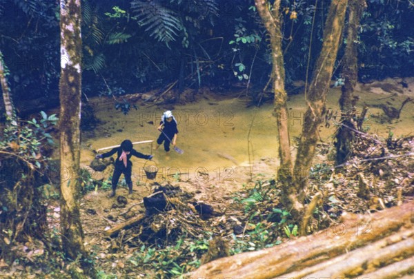 Captioned as 'Chinese women possibly panning for tin in jungle stream', near Fraser's Hill, Pahang, Malaya, Malaysia, south east Asia 1963