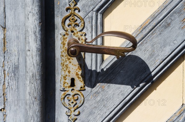Old-fashioned door handle, Gothic town hall, Zierenberg, district of Kassel, Hesse, Germany
