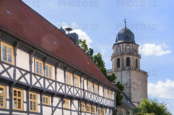 Half-timbered house facade, Protestant Church, Evangelische Stadtkirche, Zierenberg, district of Kassel, Hesse, Germany