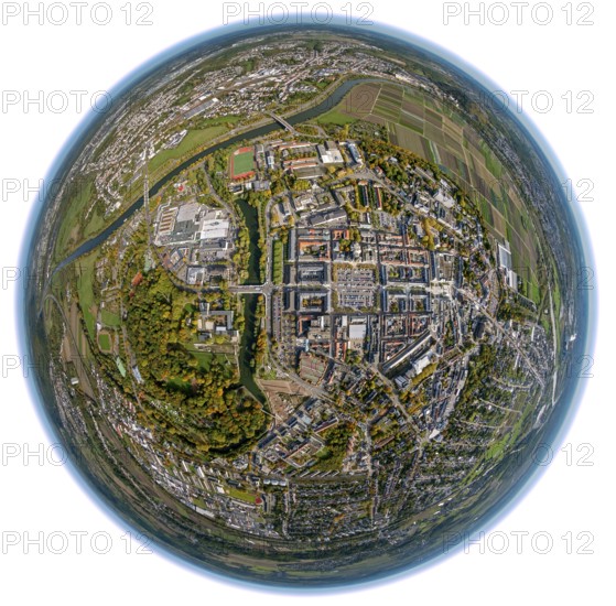 City centre, Großer Markt, Saarlouis, Saarbrücken, Saarland, Germany, Europe, aerial view, birds-eyes view, aerial photography, aerial photography, aerial photography, overview, bird's eye view, fisheye lens, fisheyelens