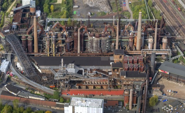 Völklinger Hütte, World Heritage Site, blast furnaces, blast furnace, former steelworks, Völklingen, Saarbrücken, Saarland, Germany, Europe, aerial view, birds-eyes view, aerial photography, aerial photography, overview, bird's eye view