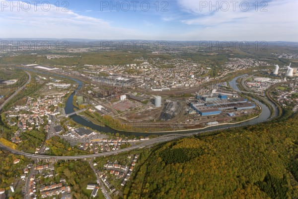 Völklinger Hütte, World Heritage Site, blast furnaces, blast furnace, former steelworks, Völklingen, Saarbrücken, Saarland, Germany, Europe, aerial view, birds-eyes view, aerial photography, aerial photography, overview, bird's eye view