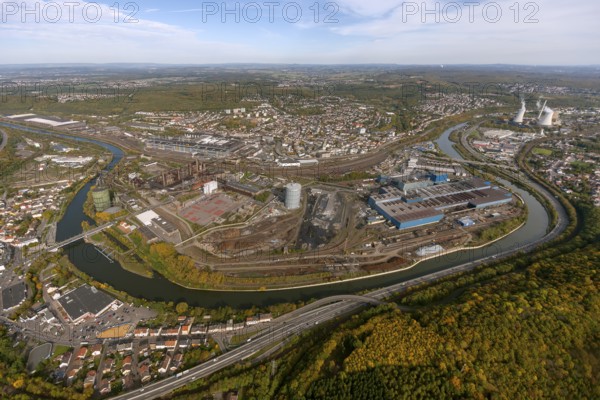 Völklinger Hütte, World Heritage Site, blast furnaces, blast furnace, former steelworks, Völklingen, Saarbrücken, Saarland, Germany, Europe, aerial view, birds-eyes view, aerial photography, aerial photography, overview, bird's eye view