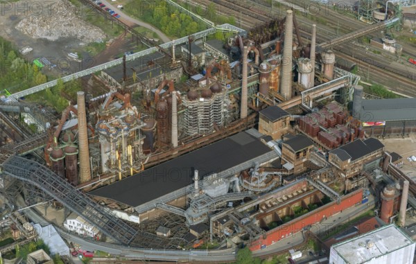 Völklinger Hütte, World Heritage Site, blast furnaces, blast furnace, former steelworks, Völklingen, Saarbrücken, Saarland, Germany, Europe, aerial view, birds-eyes view, aerial photography, aerial photography, overview, bird's eye view