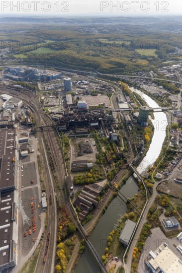 Völklinger Hütte, World Heritage Site, blast furnaces, blast furnace, former steelworks, Völklingen, Saarbrücken, Saarland, Germany, Europe, aerial view, birds-eyes view, aerial photography, aerial photography, overview, bird's eye view