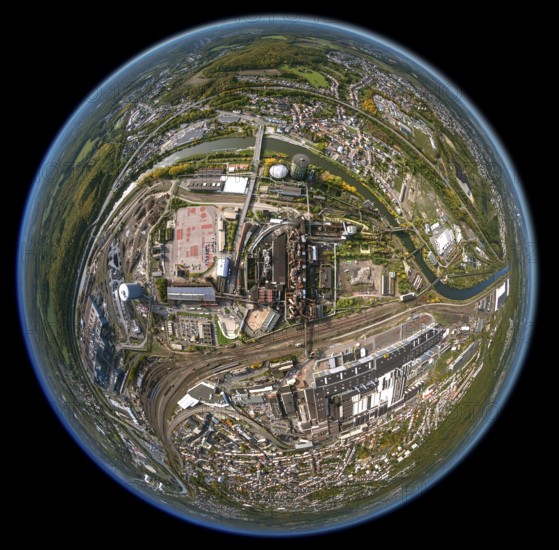 Völklinger Hütte, World Heritage Site, blast furnaces, blast furnace, former steelworks, Völklingen, Saarbrücken, Saarland, Germany, Europe, aerial view, birds-eyes view, aerial photography, aerial photography, aerial photography, overview, bird's eye view, fisheye lens, fisheyelens
