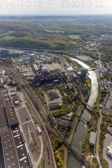 Völklinger Hütte, World Heritage Site, blast furnaces, blast furnace, former steelworks, Völklingen, Saarbrücken, Saarland, Germany, Europe, aerial view, birds-eyes view, aerial photography, aerial photography, overview, bird's eye view