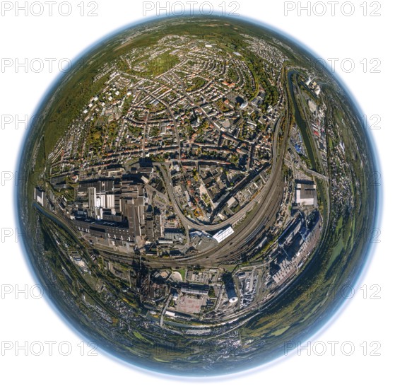 Völklinger Hütte, World Heritage Site, blast furnaces, blast furnace, former steelworks, Völklingen, Saarbrücken, Saarland, Germany, Europe, aerial view, birds-eyes view, aerial photography, aerial photography, aerial photography, overview, bird's eye view, fisheye lens, fisheyelens