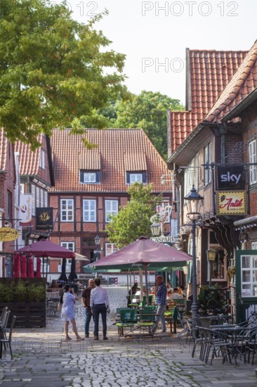 Historic half-timbered houses in the Lämmertwiete with catering in Harburg's old town, Harburg, Hamburg, Germany