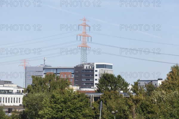 Office building and electricity pylons at Harburg harbour, Harburg, Hamburg, Germany