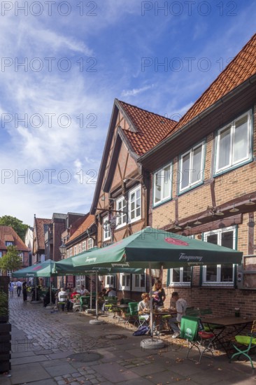 Historic half-timbered houses in the Lämmertwiete with catering in Harburg's old town, Harburg, Hamburg, Germany