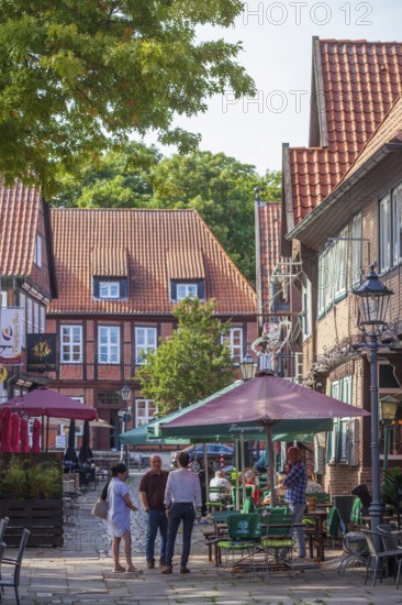 Historic half-timbered houses in the Lämmertwiete with catering in Harburg's old town, Harburg, Hamburg, Germany