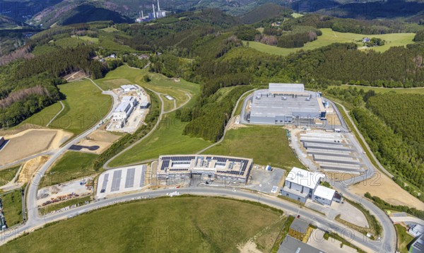 Aerial view, construction site Märkischer Gewerbepark Rosmart, Rosmarter Allee, Hemecker Weg, Rosmart, Altena, Sauerland, Märkischer Kreis, North Rhine-Westphalia, Germany, construction work, DE, Europe, commercial area, industrial area, commercial park, industrial park Rosmart, commercial use, industrial plants, industrial area, industrial site, aerial view, aerial photography, aerial photography, production plants, production halls, overview, bird's eye view, birds-eyes view, overview