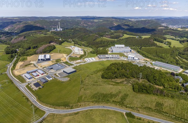 Aerial view, construction site Märkischer Gewerbepark Rosmart, Rosmarter Allee, Hemecker Weg, Rosmart, Altena, Sauerland, Märkischer Kreis, North Rhine-Westphalia, Germany, construction work, mountains and valleys, DE, Europe, commercial area, industrial area, industrial park, industrial park Rosmart, commercial use, hilly landscape, industrial plants, industrial area, industrial site, aerial view, aerial photography, aerial photography, production plants, production halls, overview, bird's-eye view, WFA Elverlingsen GmbH E-Werk, forest area, birds-eyes view, overview