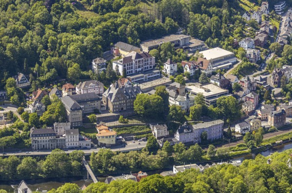 Aerial view, town hall Altena, Burggymnasium Altena, Altena, Sauerland, Märkischer Kreis, North Rhine-Westphalia, Germany, authority, education, educational institution, DE, DITIB - Türkisch Islamischer Verein zu Altena e.V., Europe, river Lenne, grammar school, Kreishaus Altena, teaching institute, aerial view, aerial photography, aerial photography, town hall, school, sports hall, city administration, overview, administrative area, bird's-eye view, forest area, birds-eyes view, overview