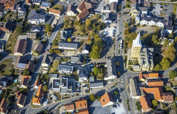 Aerial view, catholic church St.-Pankratius, municipal administration Anröchte, historic town hall, Anröchte, district of Soest, North Rhine-Westphalia, Germany, place of worship, authority, DE, Europe, municipal administration, religious community, place of worship, holy site, church, parish, local government, denomination, district Soest-Buch, district Soest-Buch, aerial view, aerial photography, aerial photography, town hall, religion, religious site, place of interest, city administration, overview, bird's eye view, birds-eyes view, historical, overview
