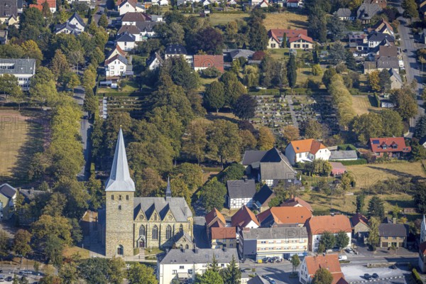 Aerial view, catholic church St.-Pankratius, cemetery Anröchte, Anröchte, Kreis Soest, North Rhine-Westphalia, Germany, place of worship, burial place, DE, Europe, cemetery, cemetery road, memorial, religious community, place of worship, church, graves, burial ground, sacred site, church, parish, denomination, Kreis-Soest-Buch, KreisSoestBuch, aerial view, aerial photography, aerial photography, religion, religious site, resting place, overview, bird's-eye view, birds-eyes view, overview