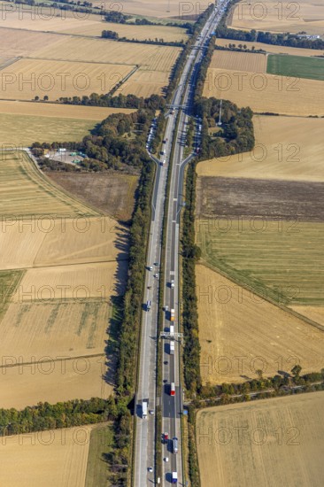 Aerial view, motorway A44, rest area, rest area Völlinghauser Flur, rest area Klievermühle, Klieve, Anröchte, district Soest, North Rhine-Westphalia, Germany, motorway rest area, DE, Europe, Kreis-Soest-Buch, KreisSoestBuch, aerial view, aerial photography, aerial photography, rest area, road traffic, overview, bird's-eye view, meadows and fields, birds-eyes view, overview