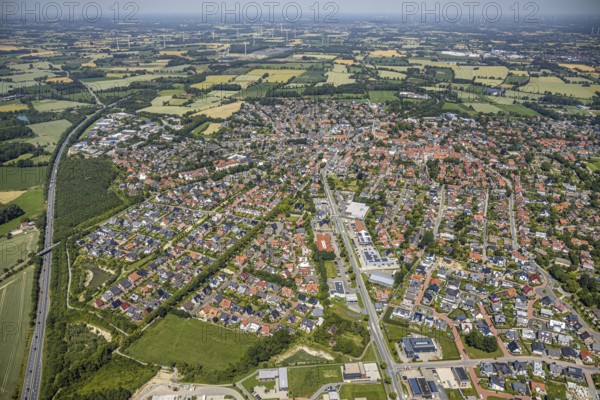 Aerial view, aerial view, Altenberge, Münsterland, North Rhine-Westphalia, Germany, Autohaus Brömmler Nissan dealer, federal road B54, DE, Europe, distant view, property tax, real estate, state road L874, agricultural fields, aerial view, aerial photography, aerial photography, Münsterstraße, parcels, townscape, urban area, overview, bird's eye view, residential area, living and life, residential area, residential buildings, residential quality, residential neighbourhood, housing estate, birds-eyes view, overview