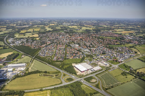 Aerial view, aerial view, industrial area Altenberge-Süd, Altenberge, Münsterland, North Rhine-Westphalia, Germany, AT-Zweirad GmbH, Autohaus Brömmler Nissan dealer, federal road B54, CLK GmbH, DE, Europe, bicycle shop, distant view, commercial enterprises, commercial area, commercial park, commercial location, commercial use, property tax, real estate, industrial area, industrial area, roundabout, country road L874, agricultural fields, aerial view, aerial photography, aerial photography, Münsterstrasse, plots, townscape, urban area, pond, overview, Velo de Ville, bird's eye view, residential area, living and life, residential area, residential buildings, quality of life, residential quarter, housing estate, birds-eyes view, overview