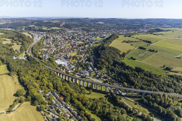 Aerial view, railway viaduct, Altenbeken station, Altenbeken, East Westphalia-Lippe, North Rhine-Westphalia, Germany, railway tracks, railway station, DE, Deutsche Bahn AG, Europe, main station, island station, aerial view, aerial photography, aerial photography, OLWBUCH, OWL, OWL-Buch, East Westphalia, sight, overview, viaduct, bird's-eye view, forest area, birds-eyes view, overview