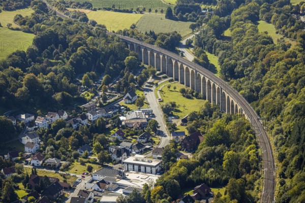 Aerial view, railway viaduct, Altenbeken, Ostwestfalen-Lippe, North Rhine-Westphalia, Germany, railway tracks, DE, Europe, aerial view, aerial photography, aerial photography, OLWBUCH, OWL, OWL-Buch, Ostwestfalen, sight, overview, viaduct, bird's-eye view, forest area, birds-eyes view, overview