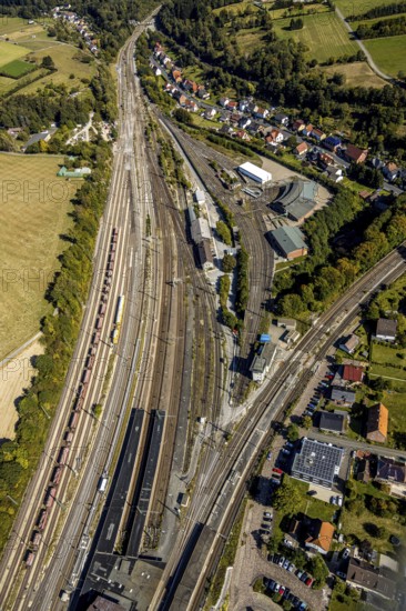 Aerial view, Altenbeken station, locomotive turntable, Altenbeken, East Westphalia-Lippe, North Rhine-Westphalia, Germany, railway tracks, railway station, DE, Deutsche Bahn AG, Europe, main station, island station, aerial view, aerial photography, aerial photography, OLWBUCH, OWL, OWL-Buch, East Westphalia, overview, bird's eye view, birds-eyes view, overview