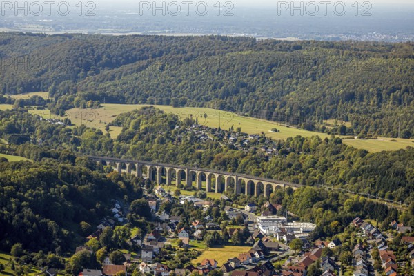 Aerial view, railway viaduct, Altenbeken, Ostwestfalen-Lippe, North Rhine-Westphalia, Germany, railway tracks, DE, Europe, aerial view, aerial photography, aerial photography, OLWBUCH, OWL, OWL-Buch, Ostwestfalen, sight, overview, viaduct, bird's-eye view, forest area, birds-eyes view, overview