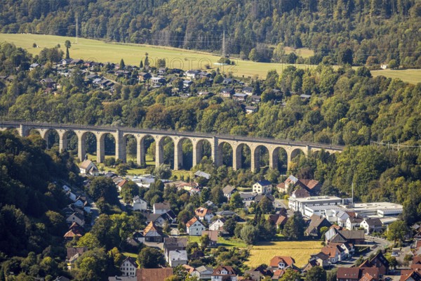 Aerial view, railway viaduct, Altenbeken, Ostwestfalen-Lippe, North Rhine-Westphalia, Germany, railway tracks, DE, Europe, aerial view, aerial photography, aerial photography, OLWBUCH, OWL, OWL-Buch, Ostwestfalen, sight, overview, viaduct, bird's-eye view, forest area, birds-eyes view, overview