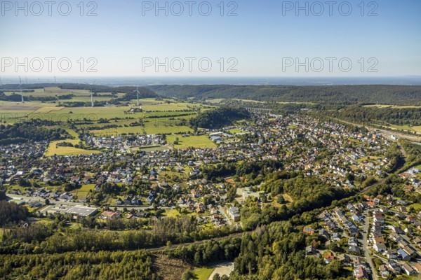 Aerial view, railway viaduct, Altenbeken, Ostwestfalen-Lippe, North Rhine-Westphalia, Germany, railway tracks, DE, Europe, aerial view, aerial photography, aerial photography, OLWBUCH, OWL, OWL-Buch, Ostwestfalen, sight, overview, viaduct, bird's-eye view, forest area, birds-eyes view, overview