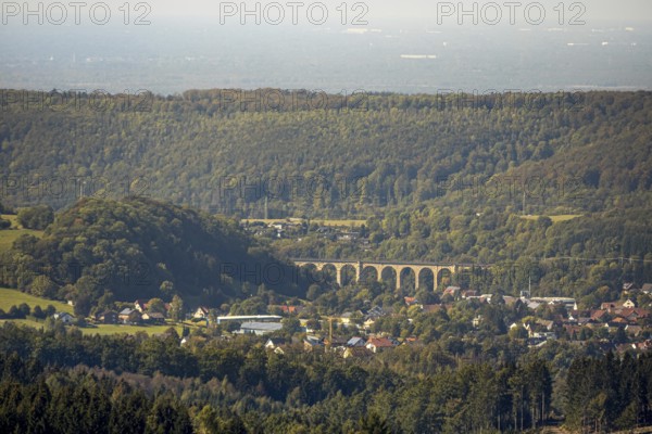 Aerial view, railway viaduct, Altenbeken, Ostwestfalen-Lippe, North Rhine-Westphalia, Germany, railway tracks, DE, Europe, aerial view, aerial photography, aerial photography, OLWBUCH, OWL, OWL-Buch, Ostwestfalen, sight, overview, viaduct, bird's-eye view, forest area, birds-eyes view, overview