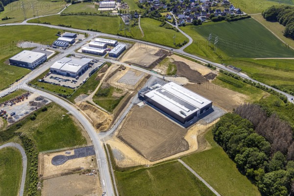 Aerial view, construction site Märkischer Gewerbepark Rosmart, Rosmarter Allee, Hemecker Weg, Rosmart, Altena, Sauerland, Märkischer Kreis, North Rhine-Westphalia, Germany, construction work, DE, Europe, commercial area, industrial area, commercial park, industrial park Rosmart, commercial use, industrial plants, industrial area, industrial site, aerial view, aerial photography, aerial photography, production plants, production halls, overview, bird's eye view, birds-eyes view, overview