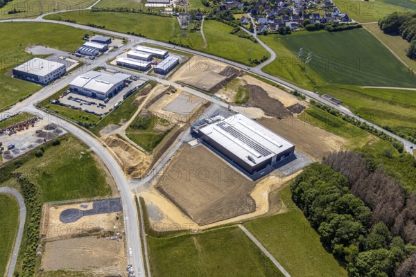 Aerial view, construction site Märkischer Gewerbepark Rosmart, Rosmarter Allee, Hemecker Weg, Rosmart, Altena, Sauerland, Märkischer Kreis, North Rhine-Westphalia, Germany, construction work, DE, Europe, commercial area, industrial area, commercial park, industrial park Rosmart, commercial use, industrial plants, industrial area, industrial site, aerial view, aerial photography, aerial photography, production plants, production halls, overview, bird's eye view, birds-eyes view, overview