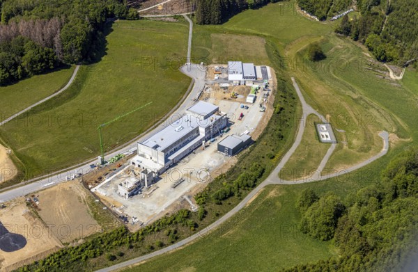Aerial view, construction site Märkischer Gewerbepark Rosmart, Rosmarter Allee, Hemecker Weg, Rosmart, Altena, Sauerland, Märkischer Kreis, North Rhine-Westphalia, Germany, construction work, DE, Europe, commercial area, industrial area, commercial park, industrial park Rosmart, commercial use, industrial plants, industrial area, industrial site, aerial view, aerial photography, aerial photography, production plants, production halls, overview, bird's eye view, birds-eyes view, overview