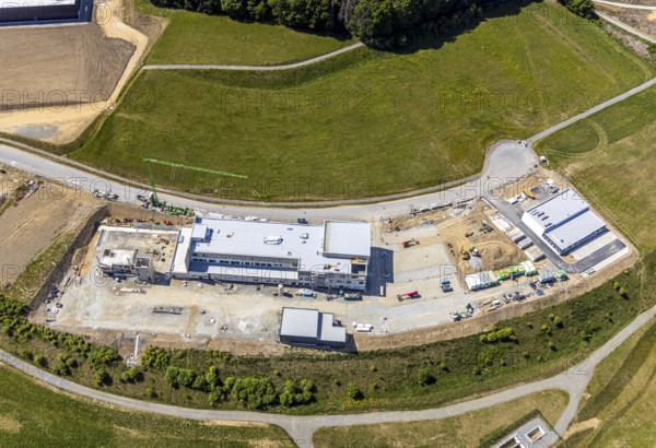 Aerial view, construction site Märkischer Gewerbepark Rosmart, Rosmarter Allee, Hemecker Weg, Rosmart, Altena, Sauerland, Märkischer Kreis, North Rhine-Westphalia, Germany, construction work, DE, Europe, commercial area, industrial area, commercial park, industrial park Rosmart, commercial use, industrial plants, industrial area, industrial site, aerial view, aerial photography, aerial photography, production plants, production halls, overview, bird's eye view, birds-eyes view, overview