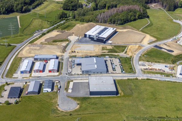 Aerial view, construction site Märkischer Gewerbepark Rosmart, Rosmarter Allee, Hemecker Weg, Rosmart, Altena, Sauerland, Märkischer Kreis, North Rhine-Westphalia, Germany, construction work, DE, Europe, commercial area, industrial area, commercial park, industrial park Rosmart, commercial use, industrial plants, industrial area, industrial site, aerial view, aerial photography, aerial photography, production plants, production halls, overview, bird's eye view, birds-eyes view, overview