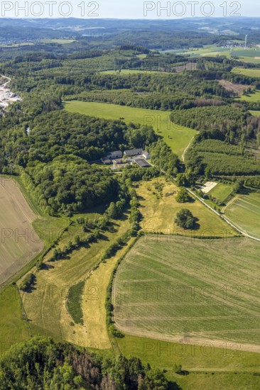 Aerial view, Gut Stiepel, Stiepeler Straße, Arnsberg, Sauerland, Hochsauerlandkreis, North Rhine-Westphalia, Germany, DE, Europe, aerial view, aerial photography, aerial photography, equestrian sports, riding centre, riding school, riding stable, overview, bird's-eye view, forest area, meadows and fields, birds-eyes view, overview