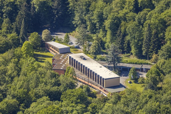 Aerial view, youth forest home Obereimer of the Arnsberg forestry office, Arnsberg, Sauerland, Hochsauerlandkreis, North Rhine-Westphalia, Germany, DE, Europe, leisure, aerial view, aerial photography, aerial photography, overview, bird's-eye view, forest area, forest reserve Obereimer, birds-eyes view, overview