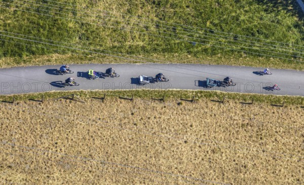 Aerial view, Ruhr Valley cycle path, cycle path along the Ruhr, Arnsberg, Sauerland, Hochsauerlandkreis, North Rhine-Westphalia, Germany, DE, Europe, bicycle, leisure, leisure activities, aerial view, aerial photography, aerial photography, cycle path, overview, bird's-eye view, overview