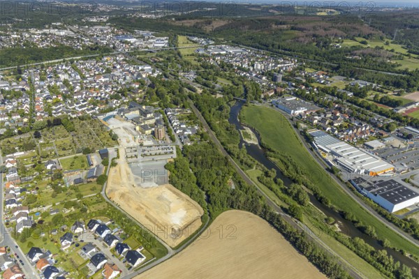 Aerial view, Hochsauerland Clinic, construction site, St. Petri Catholic Cemetery, Arnsberg, Sauerland, Hochsauerlandkreis, North Rhine-Westphalia, Germany, construction work, construction area, construction site, building plots, construction project, DE, Europe, healthcare, hospital, clinic, clinic centre, hospital, aerial view, aerial photography, aerial photography, medical facility, medical aid, emergency service, overview, bird's eye view, birds-eyes view, overview, medical care