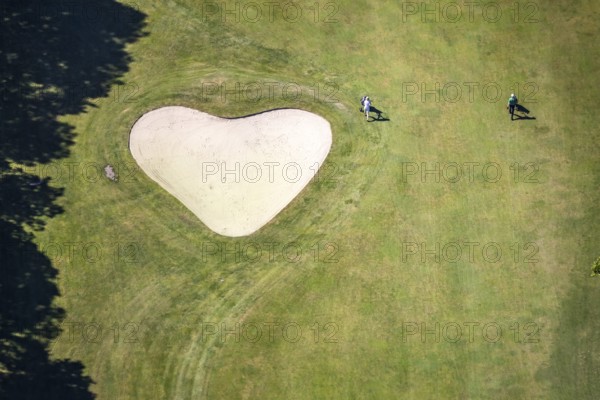 Aerial view, heart shape on golf course, Golfclub Sauerland Neheim-Hüsten, Arnsberg, Sauerland, Hochsauerlandkreis, North Rhine-Westphalia, Germany, DE, Europe, shapes and colours, golf, golf course, golf club, golf course, heart shape, aerial view, aerial photography, aerial photography, sports, overview, bird's-eye view, overview