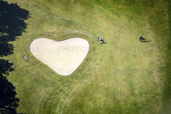 Aerial view, heart shape on golf course, Golfclub Sauerland Neheim-Hüsten, Arnsberg, Sauerland, Hochsauerlandkreis, North Rhine-Westphalia, Germany, DE, Europe, shapes and colours, golf, golf course, golf club, golf course, heart shape, aerial view, aerial photography, aerial photography, sports, overview, bird's-eye view, overview