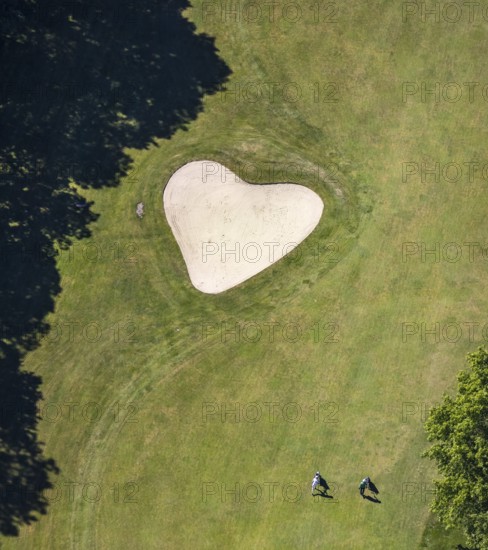 Aerial view, heart shape on golf course, Golfclub Sauerland Neheim-Hüsten, Arnsberg, Sauerland, Hochsauerlandkreis, North Rhine-Westphalia, Germany, DE, Europe, shapes and colours, golf, golf course, golf club, golf course, heart shape, aerial view, aerial photography, aerial photography, sports, overview, bird's-eye view, overview