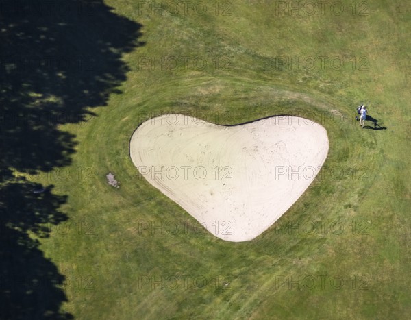 Aerial view, heart shape on golf course, Golfclub Sauerland Neheim-Hüsten, Arnsberg, Sauerland, Hochsauerlandkreis, North Rhine-Westphalia, Germany, DE, Europe, shapes and colours, golf, golf course, golf club, golf course, heart shape, aerial view, aerial photography, aerial photography, sports, overview, bird's-eye view, overview